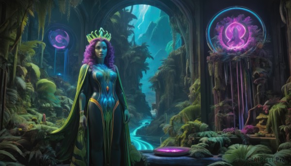 1girl,solo,long hair,breasts,looking at viewer,blue eyes,large breasts,dress,jewelry,medium breasts,standing,purple hair,indoors,dark skin,water,cape,bracelet,dark-skinned female,tree,makeup,glowing,colored skin,crown,plant,lipstick,nature,glowing eyes,curly hair,mushroom,pillar,cleavage,pink hair,solo focus,artist name,leaf,grass,tiara,blue skin