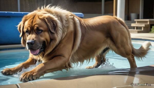 HQ,solo,open mouth,brown eyes,full body,tongue,indoors,tongue out,water,wet,no humans,animal,plant,dog,realistic,pool,animal focus,poolside,lion,signature,watermark,chair,web address,reflection,splashing,brown fur