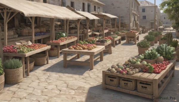 outdoors,food,sky,day,tree,no humans,window,fruit,shadow,chair,table,plant,building,scenery,apple,basket,road,carrot,house,tomato,vegetable,barrel,crate,cloud,blue sky,umbrella,box,potted plant,pavement