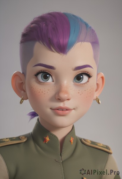 1girl,solo,looking at viewer,smile,short hair,simple background,jewelry,blue hair,upper body,purple hair,multicolored hair,earrings,parted lips,teeth,grey background,uniform,black eyes,two-tone hair,lips,grey eyes,military,eyelashes,military uniform,portrait,freckles,green jacket,green eyes,jacket,pink hair,artist name,epaulettes,realistic,very short hair,undercut