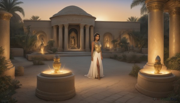 1girl,solo,long hair,looking at viewer,skirt,black hair,dress,bare shoulders,jewelry,standing,outdoors,dark skin,necklace,white dress,dark-skinned female,tree,sandals,plant,building,scenery,armlet,long skirt,pillar,statue,egyptian,column,breasts,medium breasts,closed mouth,sky,barefoot,water,bracelet,sunset,realistic,palm tree,bush,wide shot,gold,egyptian clothes,eye of horus,fountain