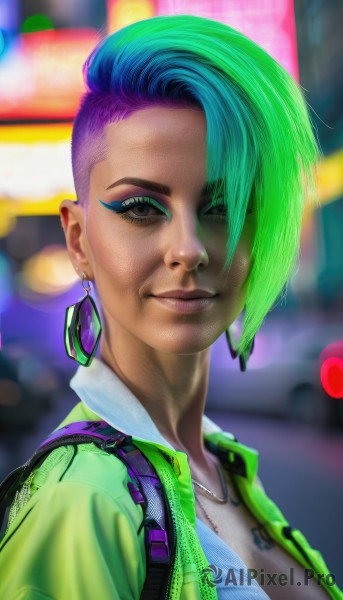 1girl,solo,breasts,looking at viewer,smile,short hair,shirt,jewelry,closed mouth,green eyes,blue hair,jacket,upper body,purple hair,multicolored hair,earrings,green hair,open clothes,dark skin,necklace,bag,hair over one eye,blurry,two-tone hair,open jacket,lips,eyelashes,makeup,blurry background,piercing,backpack,lipstick,eyeshadow,asymmetrical hair,hoop earrings,green jacket,realistic,nose,eyeliner,undercut,mascara,brown eyes,artist name,black eyes,watermark,portrait,mohawk