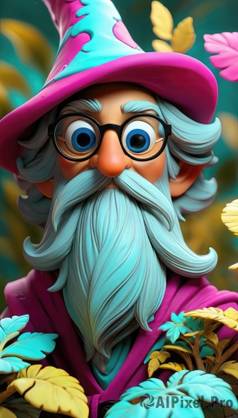 solo,looking at viewer,blue eyes,1boy,hat,blue hair,upper body,flower,white hair,grey hair,male focus,glasses,blurry,witch hat,blurry background,facial hair,plant,portrait,beard,black-framed eyewear,round eyewear,mustache,pink headwear,purple headwear,old,wizard hat,wizard,long hair,smile,closed mouth,artist name,v-shaped eyebrows,depth of field,leaf,watermark,thick eyebrows,web address,deviantart username