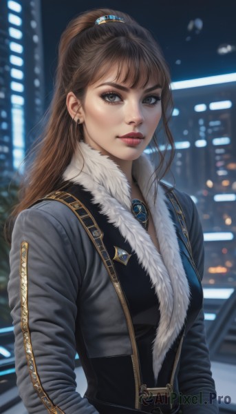 1girl,solo,long hair,breasts,looking at viewer,bangs,brown hair,long sleeves,brown eyes,jewelry,jacket,upper body,ponytail,earrings,outdoors,blurry,lips,fur trim,makeup,night,blurry background,high ponytail,brooch,realistic,nose,hands in pockets,red lips,city lights,closed mouth,artist name,grey eyes,eyelashes,depth of field,lipstick,cropped jacket,fur collar