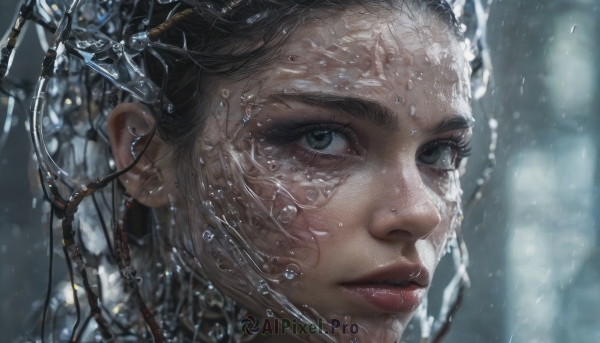 1girl, solo, looking at viewer, black hair, closed mouth, water, blurry, lips, eyelashes, blurry background, portrait, science fiction, realistic, nose, cable