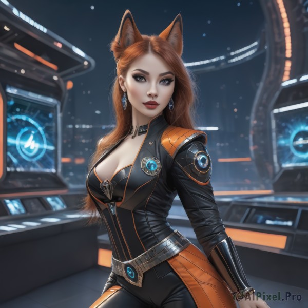 1girl,solo,long hair,breasts,looking at viewer,brown hair,long sleeves,animal ears,cleavage,brown eyes,jewelry,medium breasts,cowboy shot,earrings,choker,belt,pants,artist name,cat ears,orange hair,mole,blurry,lips,fox ears,bodysuit,makeup,lipstick,eyeshadow,science fiction,realistic,nose,red lips,eyeliner,large breasts,red hair,grey eyes,fox girl,black bodysuit,leather