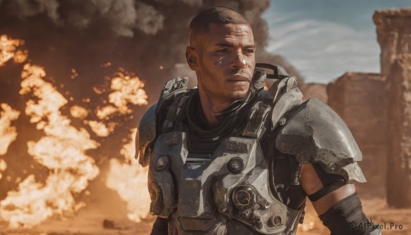 solo,short hair,black hair,1boy,closed mouth,closed eyes,upper body,male focus,outdoors,sky,dark skin,armor,blurry,blurry background,facial hair,scar,dark-skinned male,shoulder armor,scar on face,smoke,pauldrons,realistic,scar across eye,bald,very short hair,manly,explosion,mohawk,dust,buzz cut,day,looking to the side,tattoo,fire,shoulder pads,power armor,desert