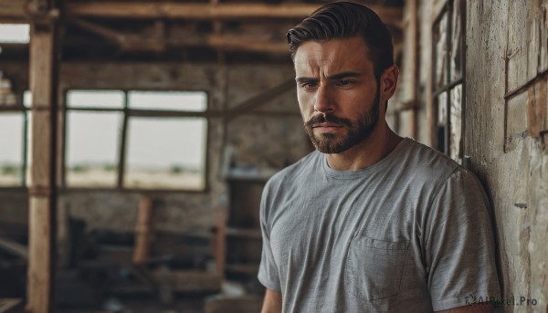 solo,short hair,shirt,black hair,1boy,closed mouth,white shirt,upper body,short sleeves,male focus,indoors,blurry,black eyes,blurry background,facial hair,t-shirt,grey shirt,beard,meme,pocket,mature male,realistic,mustache,manly,photo background,muscular,breast pocket