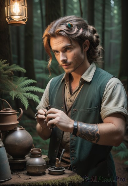 solo,looking at viewer,smile,brown hair,shirt,hair ornament,1boy,brown eyes,jewelry,closed mouth,white shirt,upper body,short sleeves,male focus,outdoors,collared shirt,blurry,vest,tree,tattoo,buttons,blurry background,facial hair,scar,table,ring,knife,plant,nature,beard,sleeves rolled up,forest,watch,lantern,realistic,wristwatch,lamp,teapot,blue eyes,holding,white hair,grey hair,artist name,indoors,bracelet,lips,watermark,gem,arm tattoo,old,old man,wrinkled skin