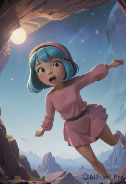 1girl,solo,looking at viewer,blush,smile,short hair,open mouth,bangs,skirt,shirt,long sleeves,brown eyes,blue hair,hairband,small breasts,outdoors,sky,shoes,teeth,socks,miniskirt,night,upper teeth only,child,star (sky),night sky,pink skirt,starry sky,pink shirt,running,mountain,red hairband,female child,pink hairband,fisheye,dress,pink dress,sun