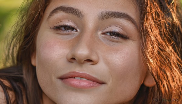 1girl,solo,looking at viewer,brown hair,brown eyes,parted lips,teeth,blurry,lips,eyelashes,blurry background,portrait,close-up,realistic,nose,long hair,half-closed eyes