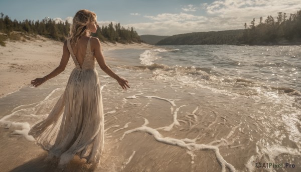 1girl,solo,long hair,brown hair,dress,bare shoulders,standing,outdoors,sky,barefoot,sleeveless,day,looking back,cloud,water,from behind,white dress,tree,blue sky,see-through,bare arms,sleeveless dress,ocean,back,beach,cloudy sky,nature,scenery,backless outfit,sand,backless dress,splashing,waves,shore,footprints,dark skin,medium hair,dark-skinned female,forest,horizon