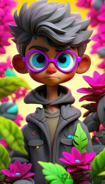 solo,looking at viewer,short hair,blue eyes,shirt,1boy,closed mouth,jacket,upper body,flower,grey hair,male focus,multicolored hair,glasses,dark skin,hood,blurry,hoodie,blurry background,leaf,hood down,bug,aged down,spiked hair,child,yellow background,pink flower,purple flower,male child,straight-on,grey hoodie,pink-tinted eyewear,black hair,artist name,frown,dark-skinned male,goggles,serious