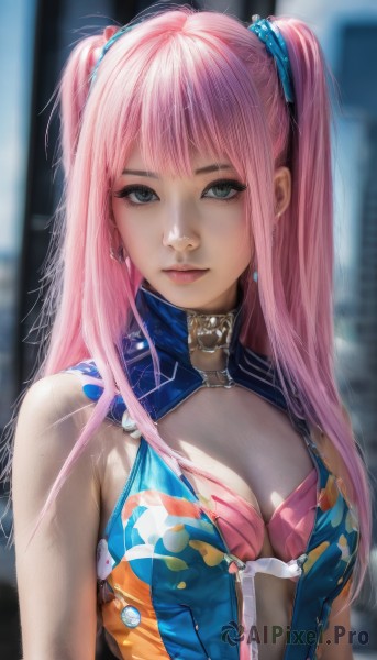 1girl,solo,long hair,breasts,looking at viewer,bangs,hair ornament,cleavage,bare shoulders,twintails,jewelry,medium breasts,closed mouth,underwear,upper body,pink hair,earrings,sleeveless,bra,blurry,black eyes,two side up,lips,grey eyes,clothing cutout,eyelashes,makeup,blurry background,cleavage cutout,pink lips,realistic,nose,blue eyes,swimsuit,bikini,artist name,expressionless