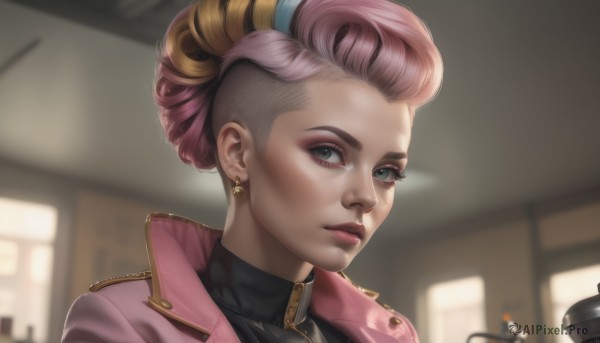 1girl,solo,looking at viewer,short hair,blonde hair,jewelry,closed mouth,jacket,pink hair,multicolored hair,earrings,artist name,indoors,hair bun,blurry,two-tone hair,lips,grey eyes,eyelashes,makeup,blurry background,turtleneck,lipstick,portrait,eyeshadow,realistic,nose,red lips,eyeliner,pink jacket,undercut,mascara,blue eyes,green eyes,upper body,signature,zipper,high collar