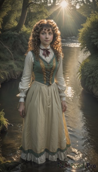 1girl,solo,long hair,looking at viewer,skirt,brown hair,shirt,long sleeves,dress,ribbon,brown eyes,standing,full body,white shirt,outdoors,water,vest,dark-skinned female,tree,lips,neck ribbon,watermark,wavy hair,sunlight,nature,wading,forest,freckles,curly hair,green dress,long skirt,realistic,arms at sides,frills,artist name,grass,looking up,plant,light rays,bush