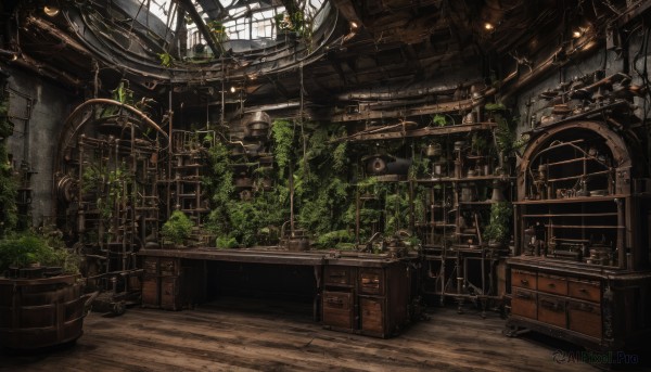 indoors,tree,no humans,window,sunlight,plant,scenery,wooden floor,stairs,potted plant,ruins,vines,shelf,gears,barrel,overgrown,crate,chair,table,desk,bookshelf,lamp,ceiling,chandelier