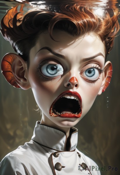 1girl,solo,looking at viewer,short hair,open mouth,blue eyes,brown hair,upper body,teeth,tongue,water,lips,eyelashes,makeup,buttons,fangs,sharp teeth,portrait,freckles,bubble,high collar,underwater,realistic,nose,red lips,air bubble,submerged,artist name,wide-eyed