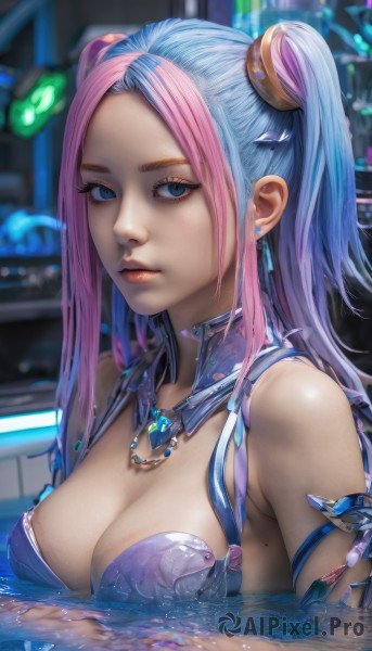 1girl,solo,long hair,breasts,looking at viewer,bangs,blue eyes,large breasts,hair ornament,cleavage,bare shoulders,twintails,jewelry,medium breasts,closed mouth,blue hair,swimsuit,upper body,pink hair,multicolored hair,earrings,artist name,water,necklace,mole,blurry,two-tone hair,two side up,lips,wet,parted bangs,eyelashes,gradient hair,makeup,blurry background,piercing,lipstick,ear piercing,forehead,eyeshadow,partially submerged,mole on breast,realistic,nose,mascara,sidelocks,signature,detached collar,watermark,expressionless,web address,armlet,science fiction,pink lips