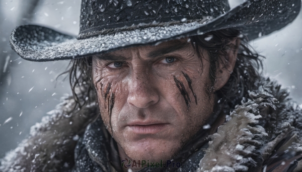 solo,looking at viewer,blue eyes,brown hair,black hair,1boy,hat,closed mouth,male focus,outdoors,blurry,black eyes,lips,fur trim,blurry background,facial hair,scar,portrait,beard,scar on face,snow,snowing,realistic,stubble,scarf,black headwear,close-up,serious,scar across eye,manly,scar on cheek,cowboy hat