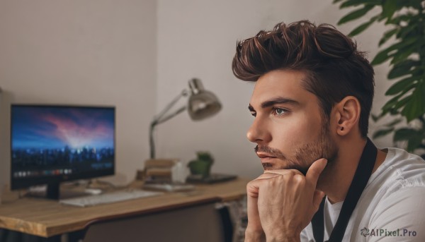 solo,short hair,brown hair,shirt,black hair,1boy,brown eyes,jewelry,white shirt,upper body,male focus,earrings,necktie,artist name,indoors,blurry,from side,blurry background,facial hair,plant,portrait,black necktie,beard,desk,realistic,stubble,stud earrings,lamp,computer,hand on own chin,monitor,keyboard (computer),thinking,stroking own chin,closed mouth,hand up,signature,depth of field