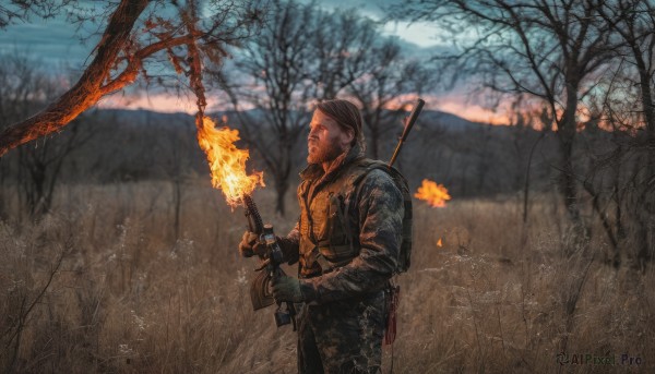 solo,brown hair,gloves,1boy,holding,standing,weapon,male focus,outdoors,sword,holding weapon,tree,gun,military,facial hair,fire,holding gun,nature,rifle,beard,forest,mountain,assault rifle,bare tree,weapon on back,burning,short hair,long sleeves,hat,jacket,cowboy shot,sky,day,pants,hood,fingerless gloves,blurry,vest,from side,profile,blurry background,backpack,hood down,grass,scenery,brown jacket,realistic,bandana,branch,field,sniper rifle,mountainous horizon,torch,m4 carbine,kalashnikov rifle,bulletproof vest