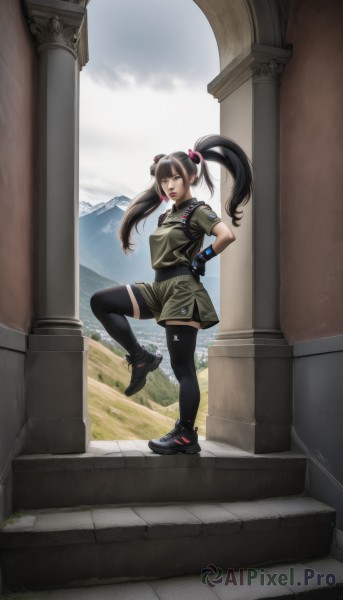 1girl,solo,long hair,breasts,looking at viewer,smile,bangs,brown hair,black hair,hair ornament,thighhighs,gloves,twintails,brown eyes,jewelry,standing,full body,short sleeves,outdoors,sky,shoes,shorts,day,pointy ears,black gloves,belt,black thighhighs,cloud,black footwear,uniform,lips,zettai ryouiki,military,standing on one leg,sneakers,hands on hips,mountain,pillar,skirt,fingerless gloves,green skirt,stairs,realistic,green shorts