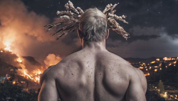 solo,short hair,1boy,upper body,grey hair,male focus,nude,outdoors,sky,cloud,from behind,blurry,night,blurry background,back,fire,star (sky),night sky,smoke,starry sky,topless male,facing away,explosion,burning,back focus,white hair,muscular,mountain,old,nape,median furrow