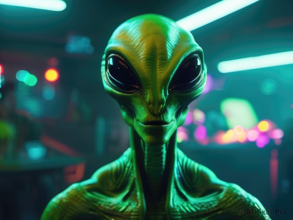 solo,looking at viewer,smile,1boy,closed mouth,collarbone,upper body,male focus,blurry,black eyes,depth of field,blurry background,colored skin,portrait,monster,realistic,green skin,alien,lights,yellow skin,no humans,bodysuit,night,helmet,facing viewer,science fiction