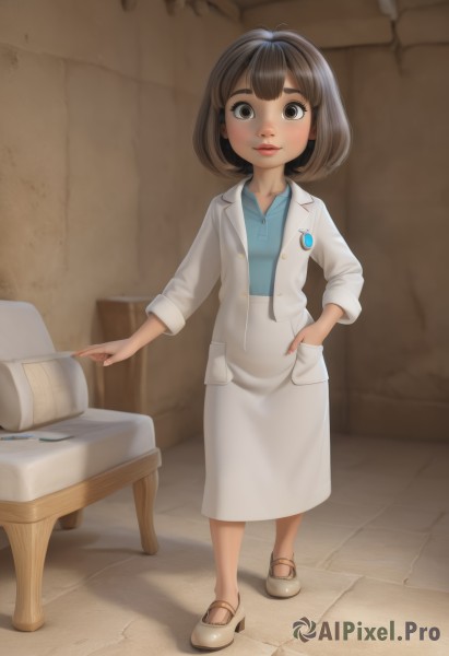 1girl,solo,looking at viewer,short hair,bangs,skirt,brown hair,shirt,long sleeves,brown eyes,standing,full body,shoes,collared shirt,indoors,high heels,lips,book,chair,table,white footwear,bob cut,white skirt,blue shirt,child,pocket,hand in pocket,labcoat,red lips,female child,blush,smile,parted lips,nail polish,shadow,brown footwear,thick eyebrows,couch,sleeves rolled up,wall