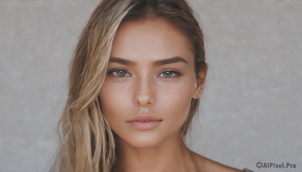 1girl,solo,long hair,looking at viewer,blue eyes,blonde hair,simple background,brown hair,jewelry,closed mouth,multicolored hair,parted lips,grey background,two-tone hair,lips,eyelashes,portrait,realistic,nose,grey eyes,expressionless,thick eyebrows,close-up,forehead