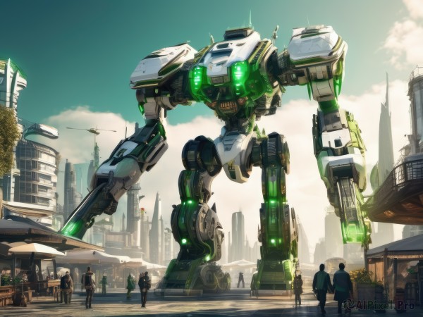 standing,weapon,outdoors,multiple boys,sky,solo focus,day,cloud,uniform,gun,military,glowing,robot,building,mecha,glowing eyes,motor vehicle,walking,science fiction,6+boys,city,realistic,aircraft,police,helicopter,people,multiple girls,tree,ground vehicle,scenery,car,crowd