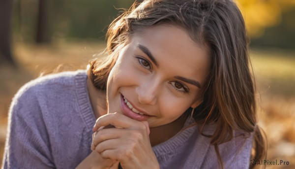 1girl,solo,long hair,looking at viewer,smile,open mouth,brown hair,brown eyes,upper body,teeth,blurry,sweater,lips,fingernails,head tilt,depth of field,blurry background,portrait,realistic,nose,hand on own chin,black hair,grin,own hands together