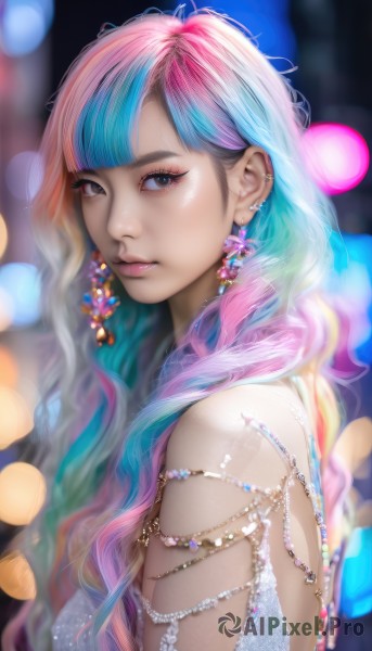 1girl,solo,long hair,breasts,looking at viewer,bangs,dress,bare shoulders,jewelry,closed mouth,blue hair,upper body,pink hair,multicolored hair,earrings,blunt bangs,blurry,black eyes,from side,two-tone hair,lips,eyelashes,aqua hair,gradient hair,makeup,depth of field,blurry background,piercing,gem,ear piercing,eyeshadow,pink lips,realistic,nose,bokeh,mascara,blue eyes,artist name,looking to the side,watermark,wavy hair,web address,armlet,pearl (gemstone)