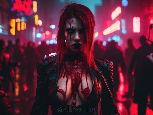 1girl,solo,long hair,breasts,looking at viewer,medium breasts,jacket,upper body,red hair,open clothes,solo focus,blurry,open jacket,lips,black jacket,no bra,blood,makeup,blurry background,lipstick,breasts apart,blood on face,realistic,nose,pasties,blood on clothes,leather,leather jacket,black lips,blue eyes,large breasts,cleavage,jewelry,earrings,depth of field,crowd