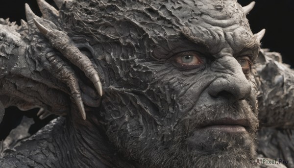 solo,1boy,closed mouth,male focus,horns,blurry,grey eyes,no humans,black background,portrait,close-up,monster,realistic,looking at viewer,simple background,facial hair,claws,beard,veins,scales,old,old man,tusks,wrinkled skin