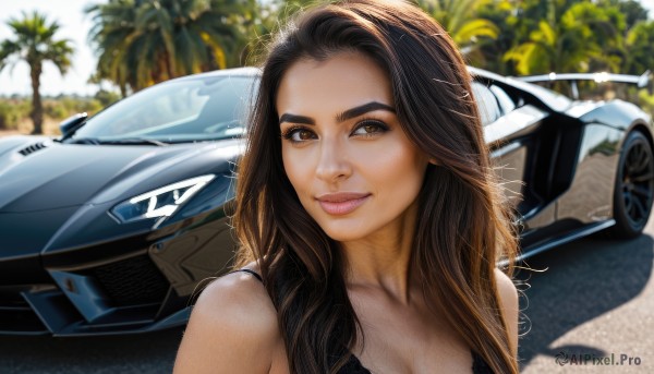 1girl,solo,long hair,breasts,looking at viewer,smile,brown hair,black hair,cleavage,brown eyes,medium breasts,collarbone,upper body,outdoors,day,blurry,tree,lips,blurry background,shadow,ground vehicle,portrait,motor vehicle,realistic,nose,palm tree,car,vehicle focus,sports car,bare shoulders