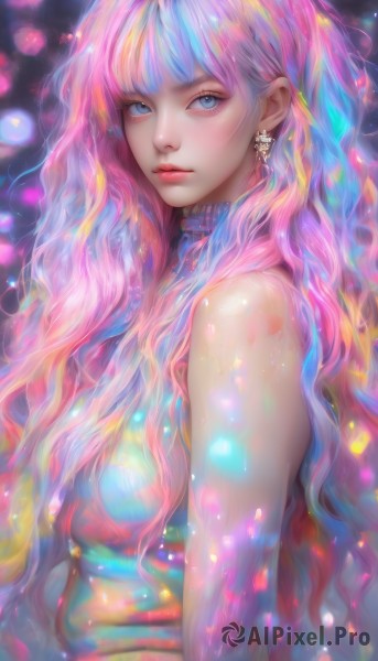 1girl,solo,long hair,breasts,looking at viewer,bangs,blue eyes,bare shoulders,jewelry,closed mouth,blue hair,upper body,pink hair,multicolored hair,earrings,parted lips,sleeveless,from side,lips,eyelashes,gradient hair,makeup,turtleneck,wavy hair,nose,colorful,medium breasts,sweater,expressionless,turtleneck sweater,realistic,sleeveless turtleneck