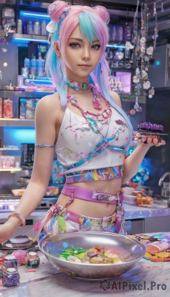 1girl,solo,long hair,breasts,looking at viewer,smile,bangs,hair ornament,navel,holding,bare shoulders,brown eyes,jewelry,medium breasts,blue hair,pink hair,multicolored hair,earrings,food,choker,midriff,belt,indoors,dark skin,necklace,hair bun,nail polish,blurry,bracelet,two-tone hair,dark-skinned female,lips,crop top,fingernails,double bun,aqua hair,gradient hair,makeup,tank top,bottle,pink nails,blue nails,freckles,bowl,realistic,counter,blue eyes,shirt,closed mouth,sleeveless,artist name,signature,grey eyes,watermark,piercing,armlet,plate,pink lips,nose,shop