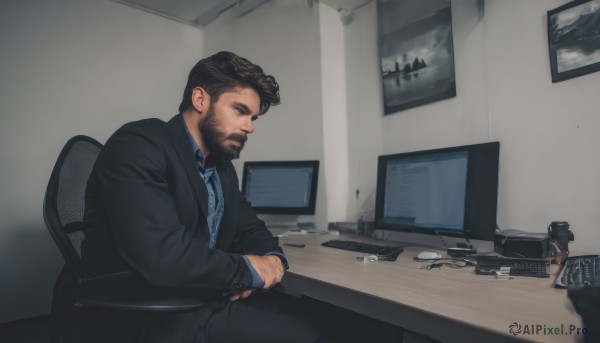 solo,short hair,brown hair,shirt,black hair,long sleeves,1boy,sitting,closed mouth,jacket,male focus,necktie,collared shirt,pants,indoors,black jacket,facial hair,chair,black pants,formal,suit,blue shirt,black necktie,beard,desk,blue necktie,realistic,mustache,computer,monitor,black suit,keyboard (computer),office chair,mouse (computer),weapon,open clothes,from side,open jacket,gun,parody,table,fine art parody