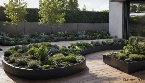 outdoors,day,tree,no humans,window,grass,plant,nature,scenery,wooden floor,potted plant,bush,garden,sky,cloud,water,shadow,forest,bowl