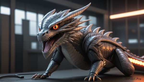 HQ,solo,open mouth,red eyes,tail,horns,teeth,tongue,indoors,blurry,orange eyes,no humans,blurry background,glowing,fangs,sharp teeth,glowing eyes,claws,spikes,colored sclera,monster,dragon,scales,cable,kaijuu,looking at viewer,weapon,all fours,science fiction,black sclera,cyborg,alien