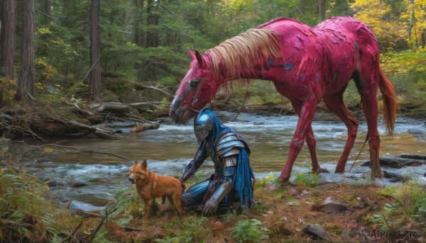 1boy,weapon,male focus,outdoors,day,hood,water,cape,armor,from side,tree,animal,helmet,grass,shoulder armor,gauntlets,nature,scenery,forest,dog,rock,horse,blue cape,river,wolf,knight,full armor,stream,deer,kneeling,cat,pauldrons,realistic,fantasy