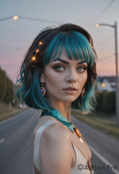 1girl,solo,breasts,looking at viewer,short hair,bangs,shirt,black hair,hair ornament,cleavage,bare shoulders,jewelry,green eyes,blue hair,upper body,multicolored hair,earrings,small breasts,outdoors,parted lips,sleeveless,artist name,necklace,blurry,from side,two-tone hair,lips,eyelashes,aqua hair,makeup,depth of field,blurry background,watermark,gem,web address,freckles,realistic,nose,road,street,closed mouth,sky,signature,streaked hair,looking to the side,thick eyebrows,tank top