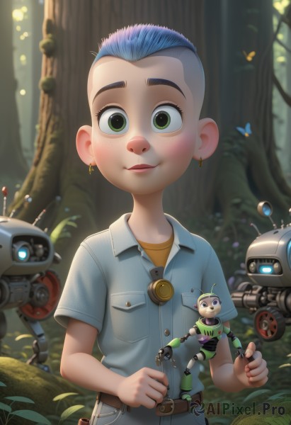 1girl,solo,looking at viewer,blush,smile,short hair,shirt,1boy,jewelry,green eyes,blue hair,short sleeves,male focus,earrings,outdoors,shorts,collared shirt,belt,blurry,tree,blurry background,bug,blue shirt,denim,robot,butterfly,child,nature,forest,freckles,pocket,breast pocket,male child,very short hair,humanoid robot,multicolored hair,artist name,leaf,aged down,mecha,science fiction,realistic,non-humanoid robot