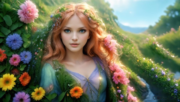 HQ,1girl,solo,long hair,breasts,looking at viewer,smile,blue eyes,blonde hair,brown hair,hair ornament,dress,jewelry,collarbone,upper body,flower,outdoors,parted lips,sky,day,hair flower,necklace,blurry,lips,sparkle,depth of field,blue dress,leaf,wavy hair,plant,gem,nature,veil,realistic,fantasy,head wreath,red hair,small breasts,water,orange hair,tree,grass,pink flower,curly hair,orange flower