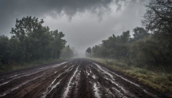 outdoors,sky,day,cloud,tree,no humans,cloudy sky,grass,nature,scenery,forest,mountain,road,bare tree,river,landscape,fog,grey sky,realistic,path,overcast