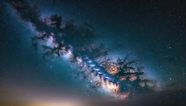 outdoors,sky,cloud,tree,no humans,night,star (sky),night sky,scenery,starry sky,branch,space,galaxy,milky way