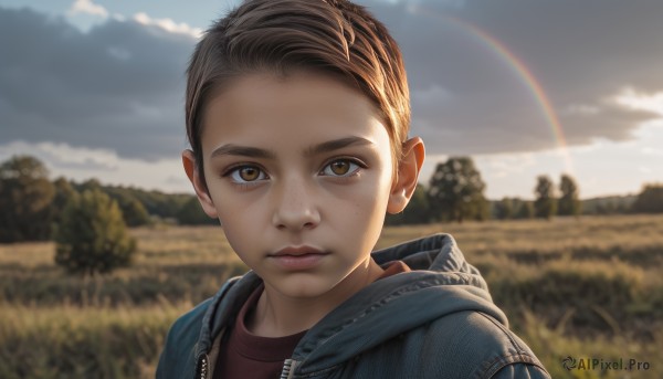 solo,looking at viewer,short hair,brown hair,shirt,1boy,brown eyes,closed mouth,jacket,upper body,male focus,outdoors,sky,day,cloud,hood,blurry,lips,hoodie,depth of field,blurry background,hood down,cloudy sky,blue jacket,red shirt,child,portrait,hooded jacket,zipper,freckles,realistic,nose,male child,very short hair,rainbow,1girl,tree,sunlight,grass,forehead,field