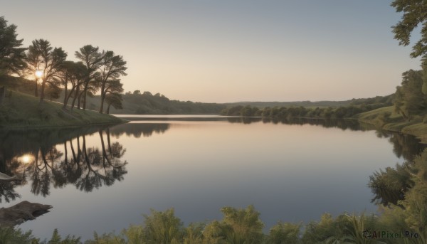 outdoors,sky,cloud,water,tree,no humans,grass,plant,nature,scenery,forest,reflection,sunset,bush,lamppost,river,landscape,lake,mountain,sun,reflective water